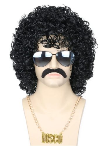 Topcosplay 3 db-os Férfi Paróka Szett - 70-es Évek Diszkó Afro Göndör Haj, Nyaklánccal és Bajusszal - Fekete, Hőálló Műhaj Jelmezekhez