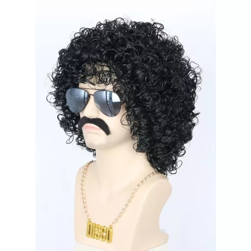 Topcosplay 3-dijelni Set Muške Perike - 70-e Disco Afro Kovrčava Kosa, s Ogrlicom i Brkovima - Crna, Toplinski Otporna Umjetna Kosa za Kostime
