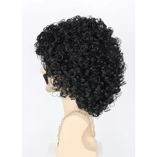 Topcosplay 3-dijelni Set Muške Perike - 70-e Disco Afro Kovrčava Kosa, s Ogrlicom i Brkovima - Crna, Toplinski Otporna Umjetna Kosa za Kostime