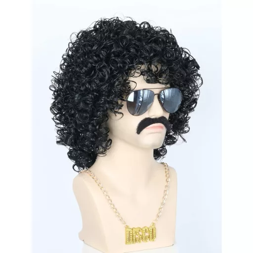 Topcosplay 3 db-os Férfi Paróka Szett - 70-es Évek Diszkó Afro Göndör Haj, Nyaklánccal és Bajusszal - Fekete, Hőálló Műhaj Jelmezekhez
