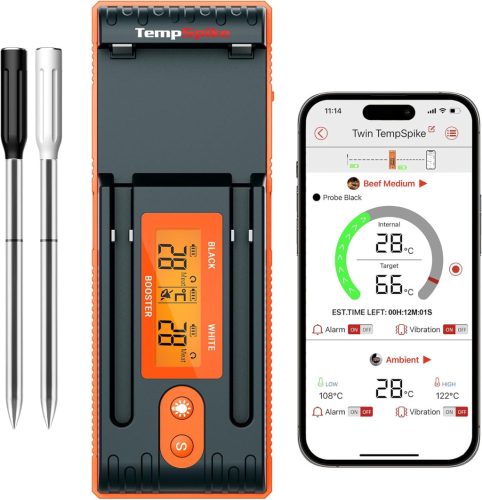 Termometru de carne wireless ThermoPro Twin TempSpike - Rază Bluetooth de 150m, Senzor dublu, Stație de încărcare cu afișaj, Poate fi spălat în mașina de spălat vase