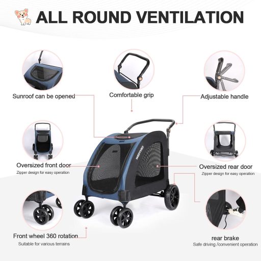 Cărucior pentru câini Virzen Nagy Kutyakocsi, până la 50 kg - Buggy dublu pentru câini, cu 4 roți și mâner reglabil (Negru-Albastru)