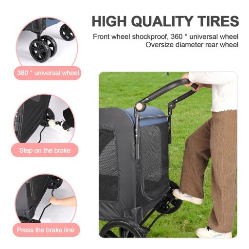 Cărucior pentru câini Virzen Nagy Kutyakocsi, până la 50 kg - Buggy dublu pentru câini, cu 4 roți și mâner reglabil (Negru-Albastru)