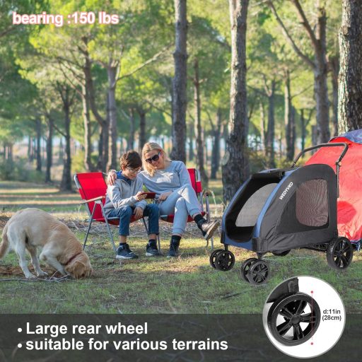 Cărucior pentru câini Virzen Nagy Kutyakocsi, până la 50 kg - Buggy dublu pentru câini, cu 4 roți și mâner reglabil (Negru-Albastru)