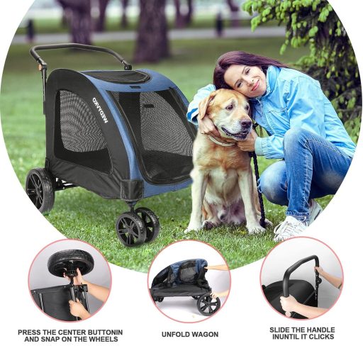 Cărucior pentru câini Virzen Nagy Kutyakocsi, până la 50 kg - Buggy dublu pentru câini, cu 4 roți și mâner reglabil (Negru-Albastru)