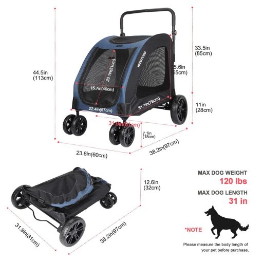 Cărucior pentru câini Virzen Nagy Kutyakocsi, până la 50 kg - Buggy dublu pentru câini, cu 4 roți și mâner reglabil (Negru-Albastru)