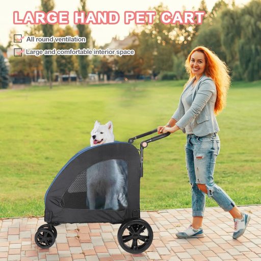 Cărucior pentru câini Virzen Nagy Kutyakocsi, până la 50 kg - Buggy dublu pentru câini, cu 4 roți și mâner reglabil (Negru-Albastru)