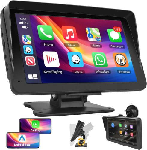 Podofo 7" Hordozható Autórádió IPS Érintőképernyővel - Vezeték Nélküli Apple CarPlay & Android Auto, Bluetooth, GPS Navigáció, FM, USB