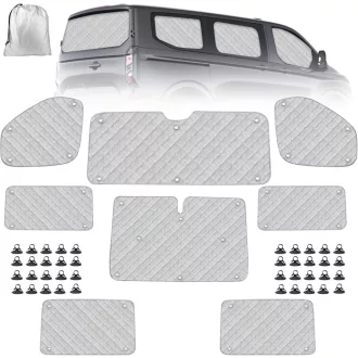   Sada slnečných clôn Soekodu Ford Transit Custom SWB 2012-2022 - 8-dielna termoizolačná vnútorná roleta na čelné a bočné okná s úložnou taškou