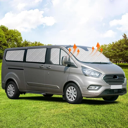 Sada slnečných clôn Soekodu Ford Transit Custom SWB 2012-2022 - 8-dielna termoizolačná vnútorná roleta na čelné a bočné okná s úložnou taškou
