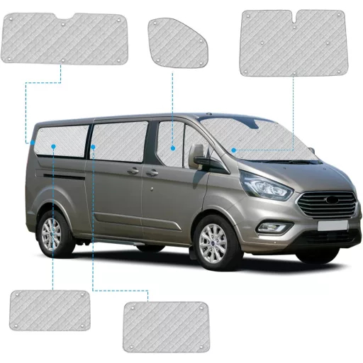 Sada slnečných clôn Soekodu Ford Transit Custom SWB 2012-2022 - 8-dielna termoizolačná vnútorná roleta na čelné a bočné okná s úložnou taškou
