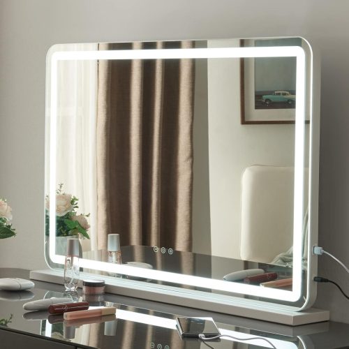 Măsuță de toaletă Puselo Hollywood cu oglindă și iluminare LED, 3 temperaturi de culoare, control tactil, port USB și mărire 10x, 80x55 cm
