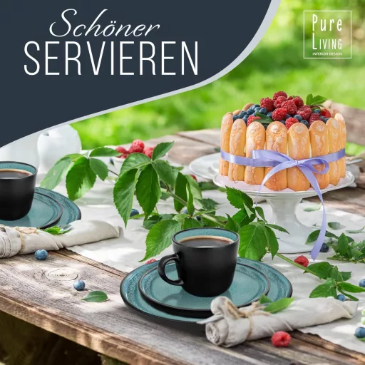 Pure Living Interior Design Ibiza Kőedény Étkészlet 6 Személyre, 24 Részes Mediterrán Tányér és Tálkészlet, Mosogatógépben Mosható, Petrolké
