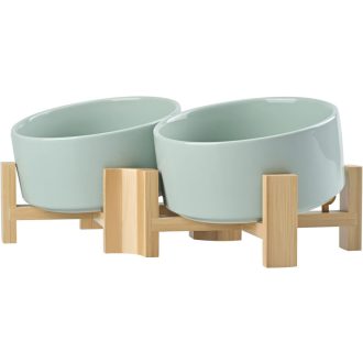   SPUNKYJUNKY 15° Keramička zdjela s nagibom i drvenim stalkom, za pse i mačke, 2x850ml, Morandi zelena