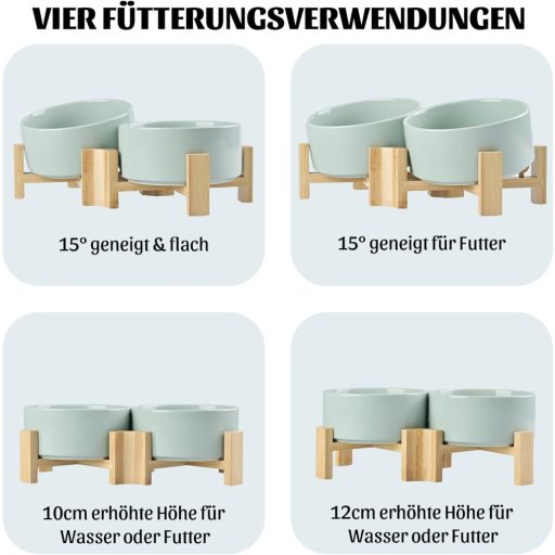 SPUNKYJUNKY 15° Keramička zdjela s nagibom i drvenim stalkom, za pse i mačke, 2x850ml, Morandi zelena