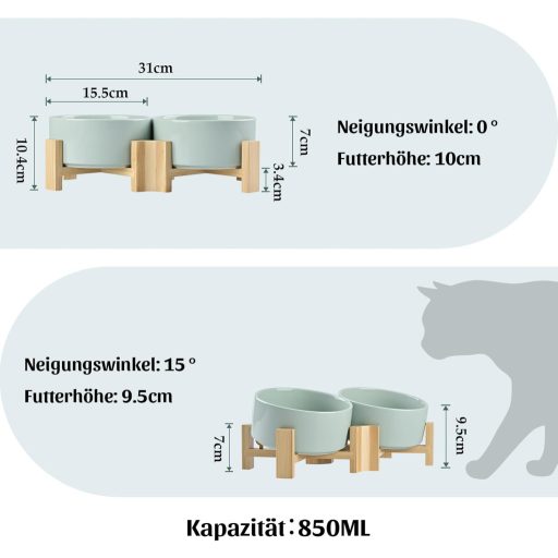SPUNKYJUNKY 15° Keramička zdjela s nagibom i drvenim stalkom, za pse i mačke, 2x850ml, Morandi zelena