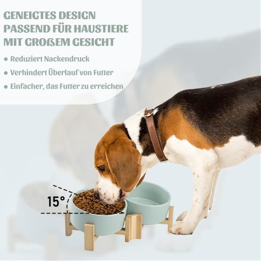 SPUNKYJUNKY 15° Bol Ceramic Înclinat cu Suport de Lemn, pentru Câini și Pisici, 2x850ml, Verde Morandi