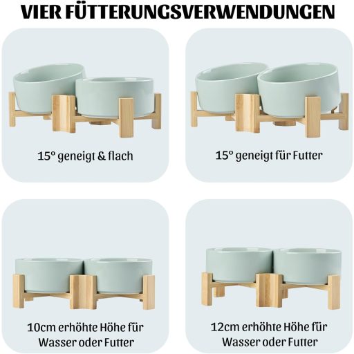 SPUNKYJUNKY 15° Bol Ceramic Înclinat cu Suport de Lemn, pentru Câini și Pisici, 2x850ml, Verde Morandi