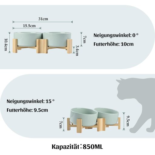 SPUNKYJUNKY 15° Bol Ceramic Înclinat cu Suport de Lemn, pentru Câini și Pisici, 2x850ml, Verde Morandi