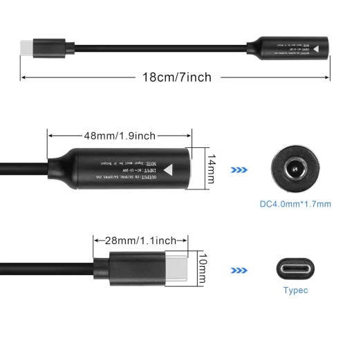 GINTOOYUN 65W PD Nabíjací Kábel DC 4.0x1.7mm - USB-C Konvertor pre Laptopy, Telefóny, Tablety, 18cm Čierny Univerzálny Adaptér