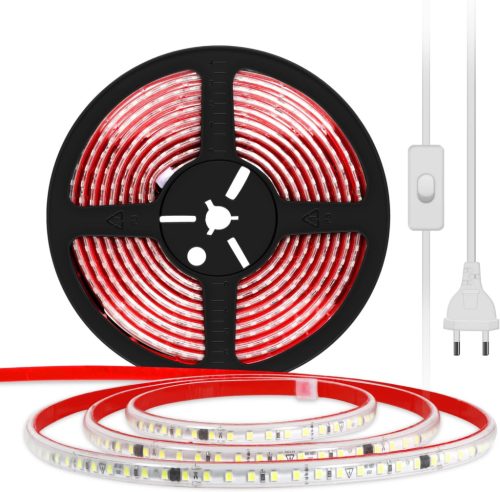 Bandă LED 10m pcning - 230V Albă Iluminat Exterior, IP67 Impermeabilă, Autoadezivă, Cu Comutator, Luminozitate Mare, Conectare Directă, Decorativă