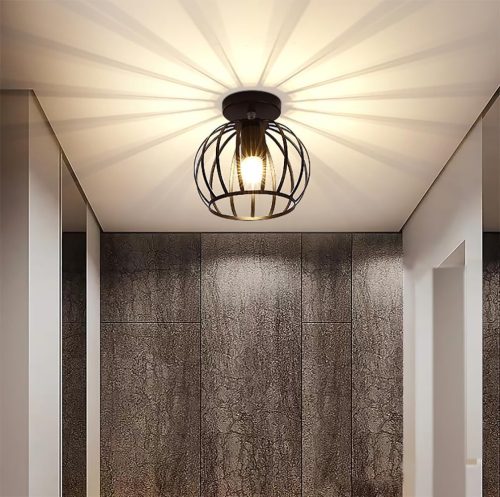 Lampa de tavan industrială Goeco Vintage - Design cu grilaj metalic negru, soclu E27, diametru 20 cm, pentru hol, balcon, sufragerie