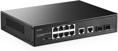 YuLinca 12 portos Gigabit PoE switch, 8 PoE+ port, 2 uplink, 2 SFP, 120W, ventilátor nélküli