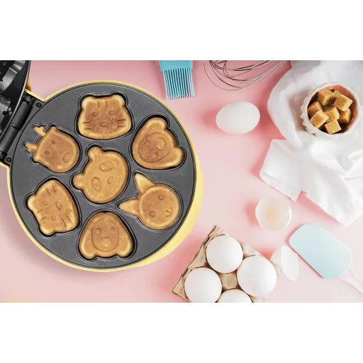 Bestron Mini Sütemény Sütő Állatos Mintákkal, Wafflekészítő 700W Sárga