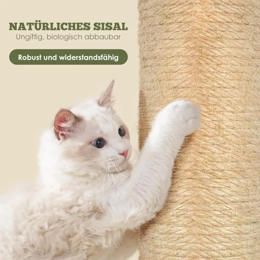 Škrabadlo pre mačky HEVOL 85 cm s prírodným sisalovým lanom, závesnými loptičkami a lístkami