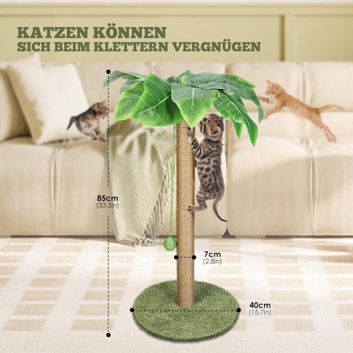 HEVOL 85 cm macskakaparó természetes sisal kötéllel, függő labdákkal és levelekkel