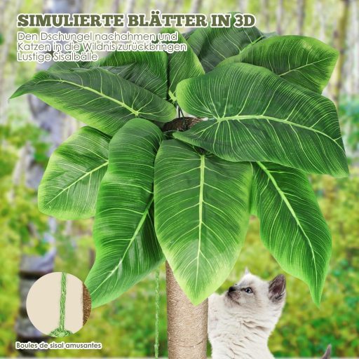 HEVOL 85 cm macskakaparó természetes sisal kötéllel, függő labdákkal és levelekkel