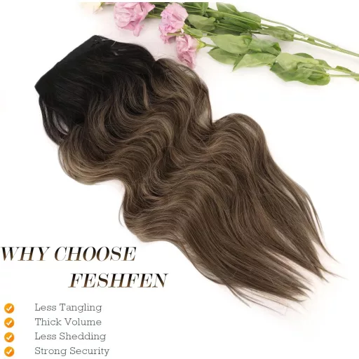 FESHFEN Extensii de păr ascunse, ondulat, ombre maro, 50cm, păr sintetic pentru femei