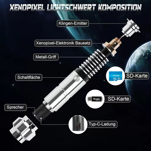 Atexbser Xenopixel Fénykard - Luke Stílusú Fém Markolatú Fénykard Mozgásérzékelővel, 34 Hangfonttal, 16GB SD Kártyával, 16 RGB Színnel, 114c
