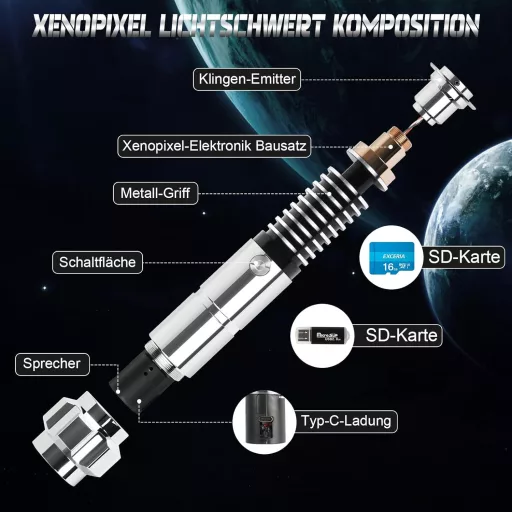 Atexbser Xenopixel Fénykard - Luke Stílusú Fém Markolatú Fénykard Mozgásérzékelővel, 34 Hangfonttal, 16GB SD Kártyával, 16 RGB Színnel, 114c