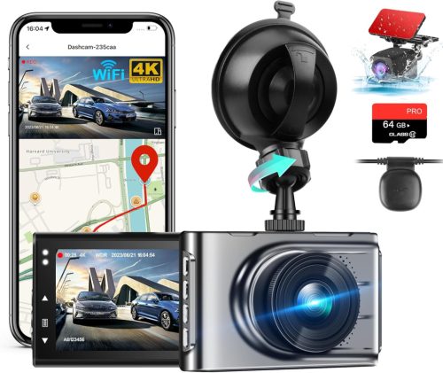 Jansite 4K WiFi autós kamera elöl-hátul, GPS, 64GB SD, 170° látószög