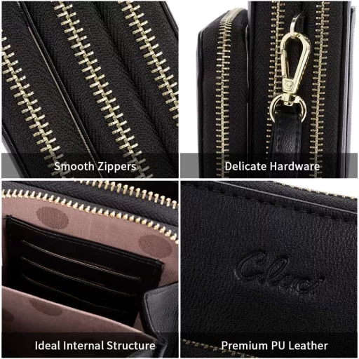 CLUCI Geantă de umăr pentru telefon mobil damă, neagră - Geantă crossbody mică cu suport pentru carduri, husă de telefon mobil din piele cu portofel