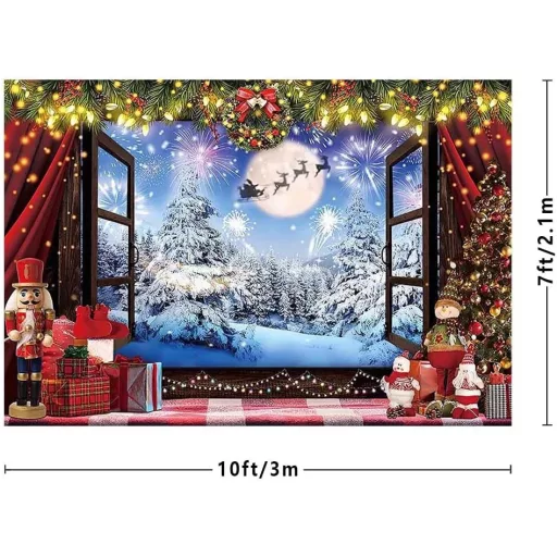 Fundal foto de Crăciun MEHOFOND 10x7ft, scenă cu zăpadă de iarnă, decor cu coroană și brad