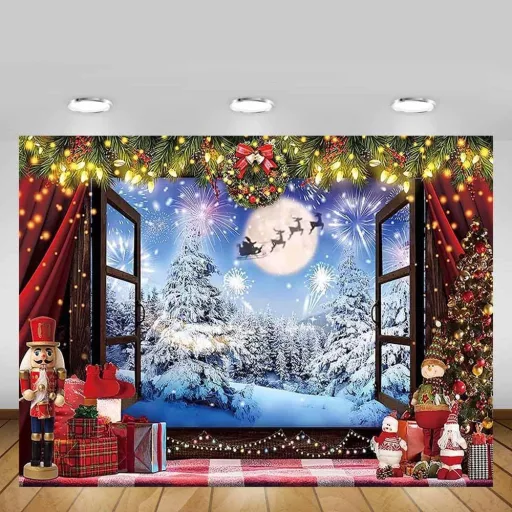 Fundal foto de Crăciun MEHOFOND 10x7ft, scenă cu zăpadă de iarnă, decor cu coroană și brad
