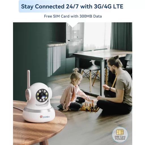Ctronics 4G Beltéri Kamera SIM Kártyás Autókövetéshez, Éjszakai Látás, 360° PTZ, Kétirányú Hang