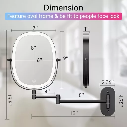 FUNTOUCH Tölthető Kozmetikai Tükör 1X/7X Nagyítás Dimmer Funkcióval Fekete