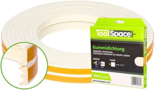 ToolSpace Öntapadós Ajtó- és Ablakszigetelő Szalag, 6m, E-Profil, Fehér, Gumi Tömítés, Por- és Rovarvédelem, Energiatakarékos, Bel- és Külté
