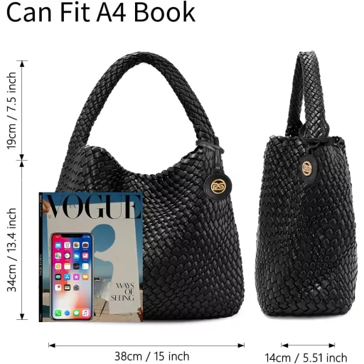 PS PETITE SIMONE Hazel Geantă de damă împletită neagră, geantă de umăr, geantă de mână, pentru școală, serviciu, călătorii