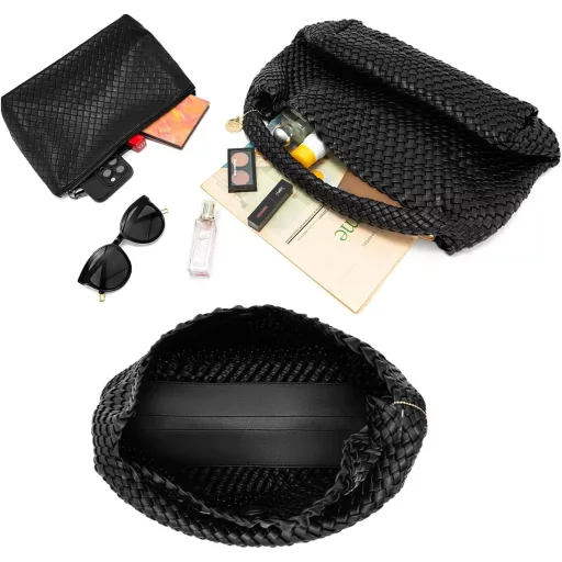 PS PETITE SIMONE Hazel Geantă de damă împletită neagră, geantă de umăr, geantă de mână, pentru școală, serviciu, călătorii