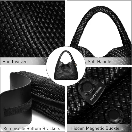 PS PETITE SIMONE Hazel Geantă de damă împletită neagră, geantă de umăr, geantă de mână, pentru școală, serviciu, călătorii