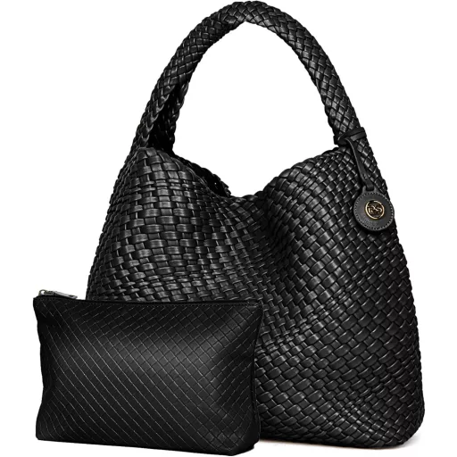 PS PETITE SIMONE Hazel Geantă de damă împletită neagră, geantă de umăr, geantă de mână, pentru școală, serviciu, călătorii