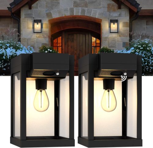 2 db Napelemes Kültéri Fali Lámpa Mozgásérzékelővel - IP65 Vízálló, 3 Üzemmód, 300 Lumen, Meleg Fehér Fény, Retro Stílusú Kerti Világítás