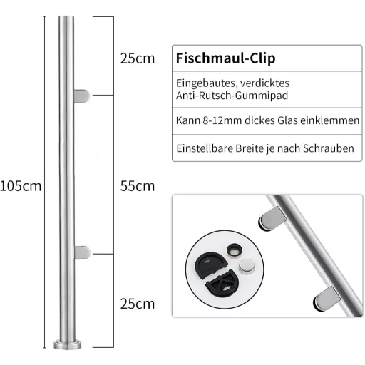 ABONOK 304-es Rozsdamentes Acél Üvegkorlát Oszlop 105 cm - Erkély, Terasz, Lépcső Korlátrendszer 10-12 mm Üveglapokhoz, Ezüst