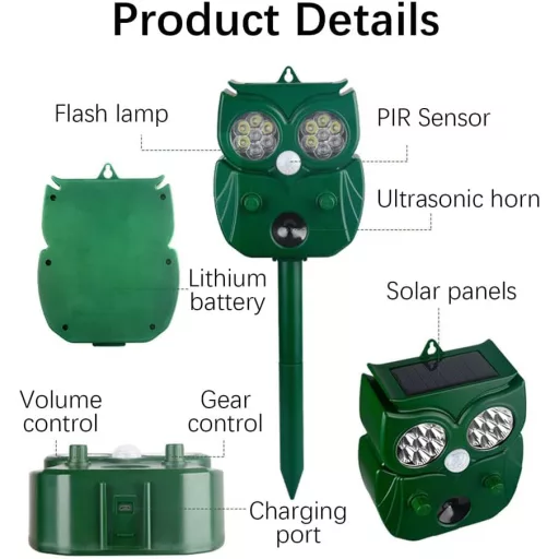 Sperietor de animale solară cu ultrasunete Bogutongjin, cu LED intermitent, rezistentă la apă IP44