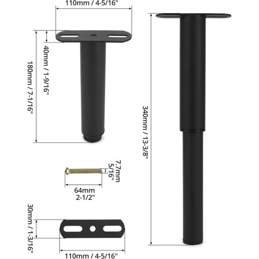 QWORK 4 darabos bútor láb magasságállítható 180-330 mm vasalap csavarható lemezzel fekete