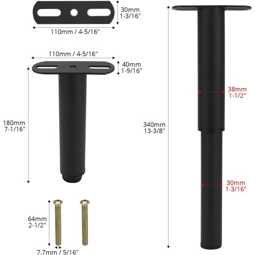QWORK Set 4 picioare pentru mobilă reglabile pe înălțime 180-330 mm, bază de fier cu placă de fixare prin înșurubare, negru
